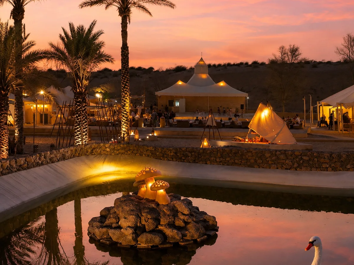 VIP Classic desert camp at sunset with palm trees and desert scenery