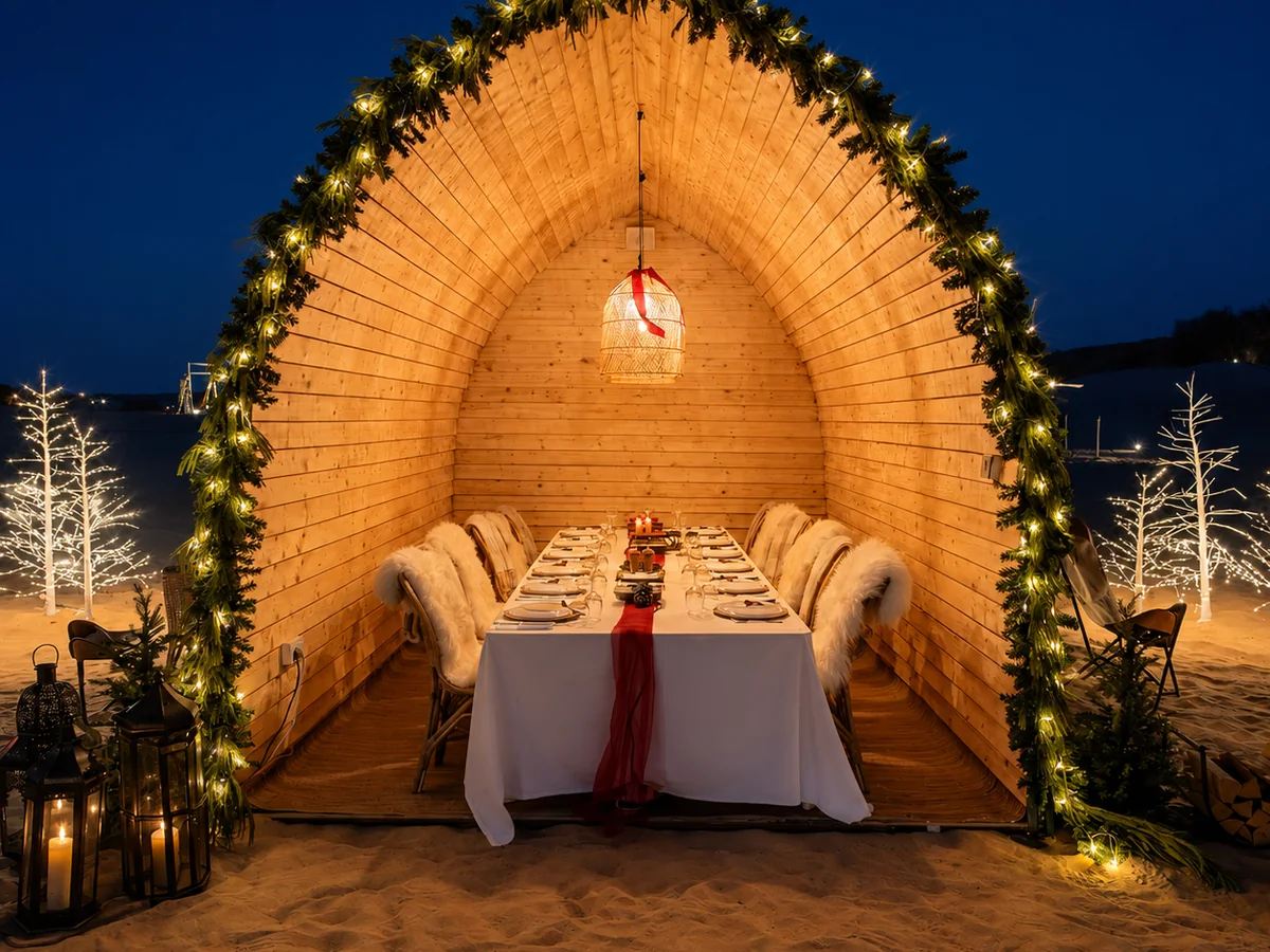 VIP Desert Events Dubai illuminated private dining setup in the desert