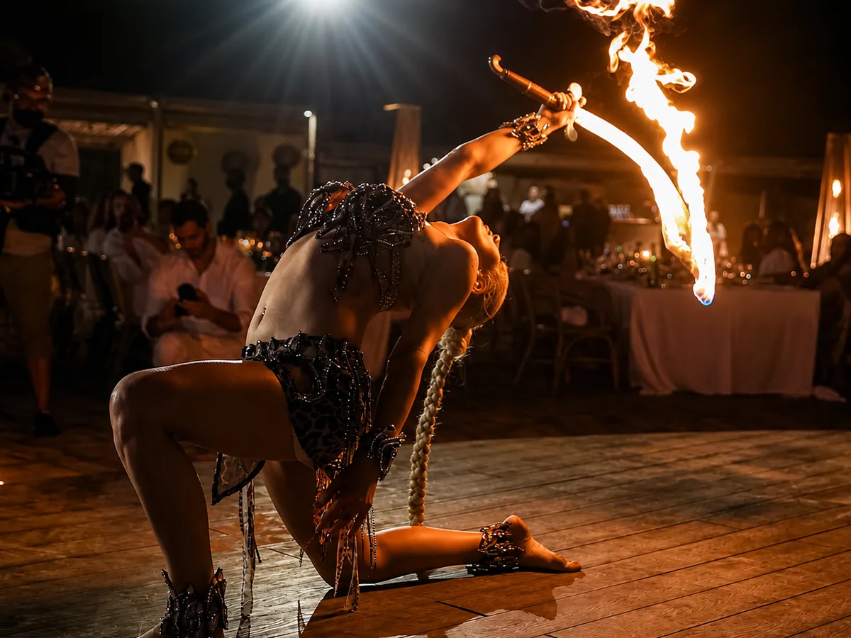 VIP Glamorous Desert Safari Dubai live fire show entertainment at the desert venue
