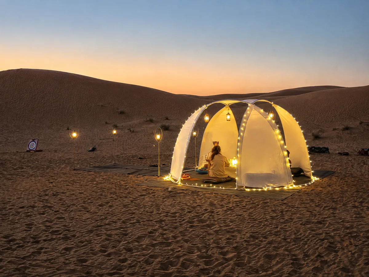VIP Private Desert Safari Dubai illuminated private dome in the dunes at sunset