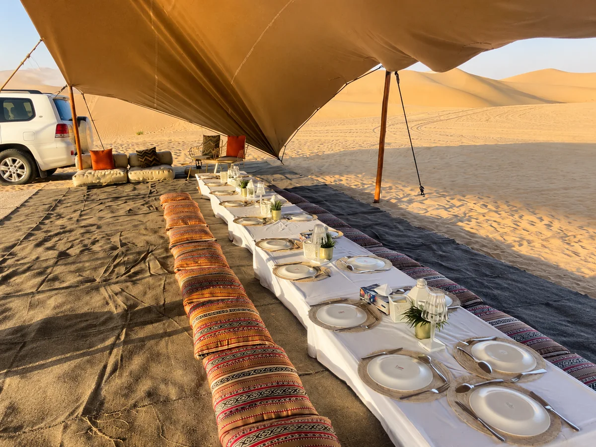 VIP Private Desert Safari Dubai private dining table beneath a desert canopy